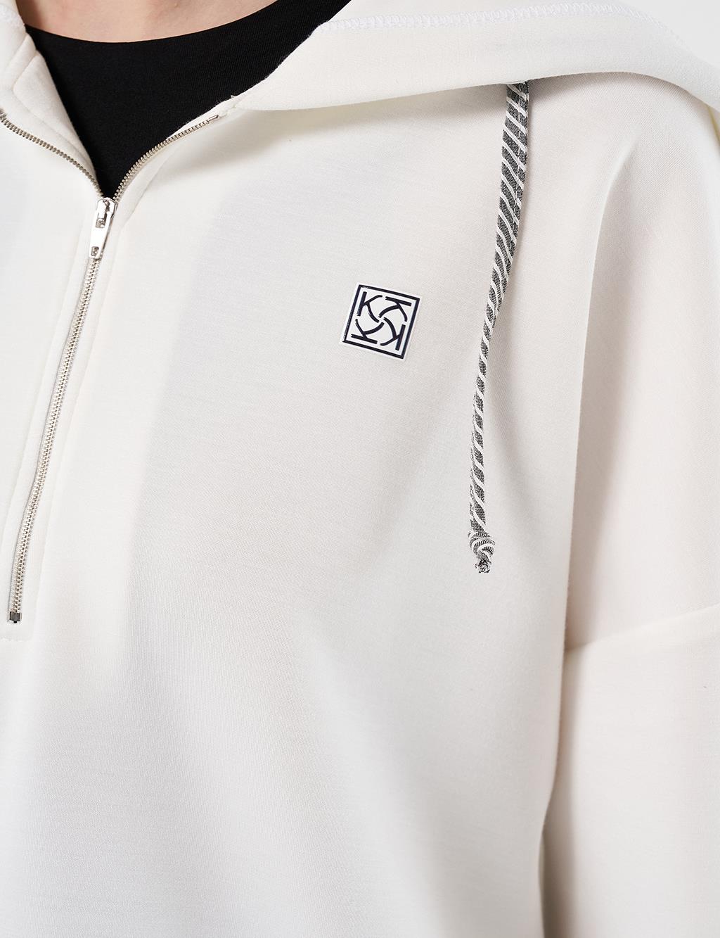Hooded Shirt-Detail Sweatshirt Ecru