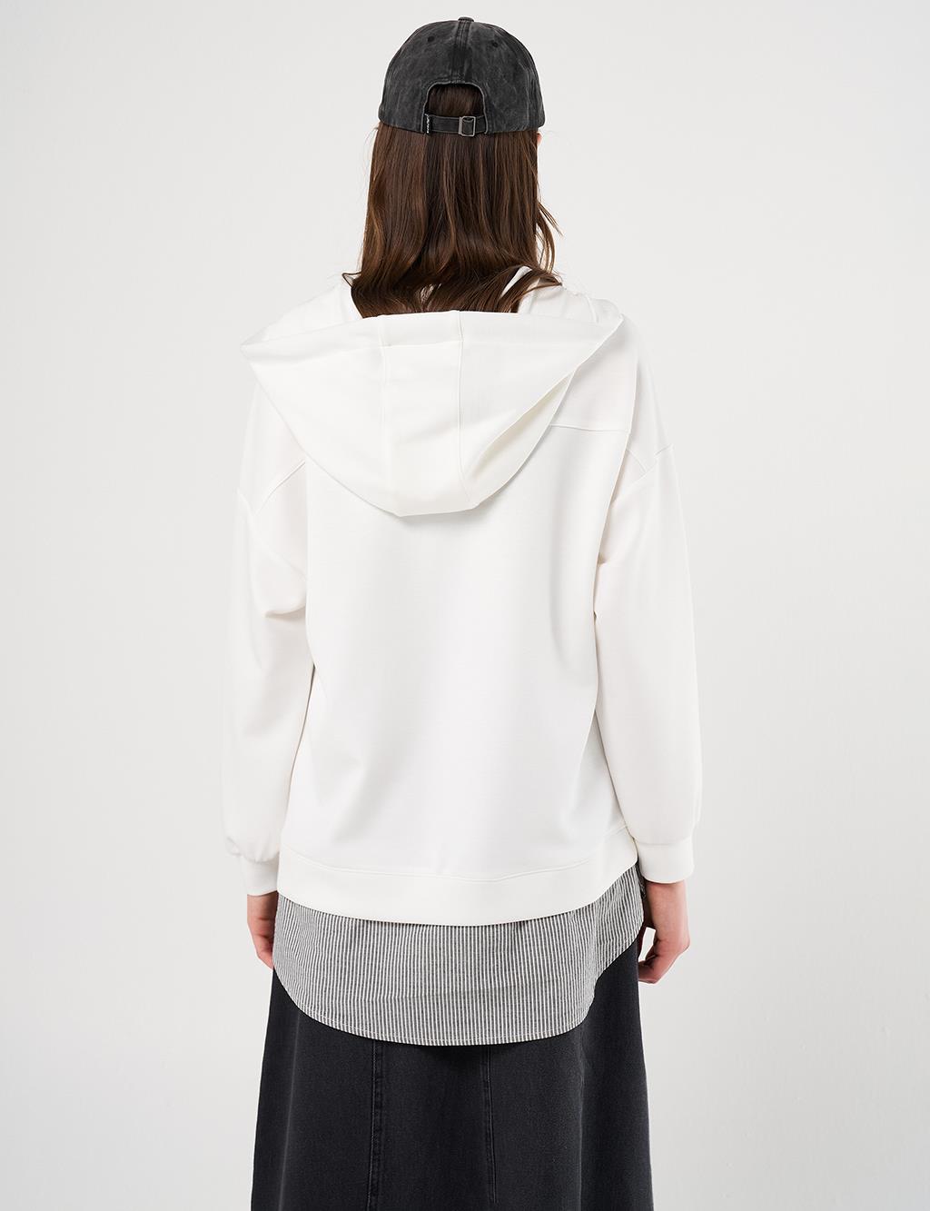 Hooded Shirt-Detail Sweatshirt Ecru