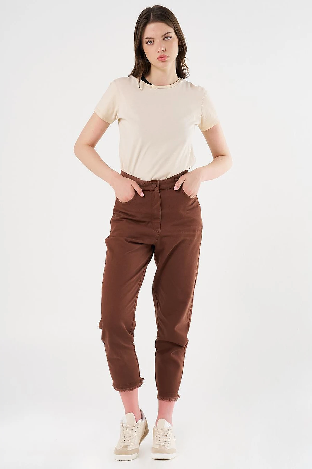 Elastic Waist Straight Leg Canvas Pants in Coffee