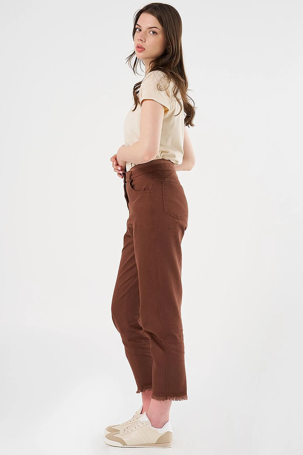 Elastic Waist Straight Leg Canvas Pants in Coffee