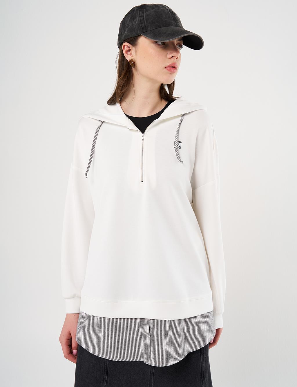 Hooded Shirt-Detail Sweatshirt Ecru
