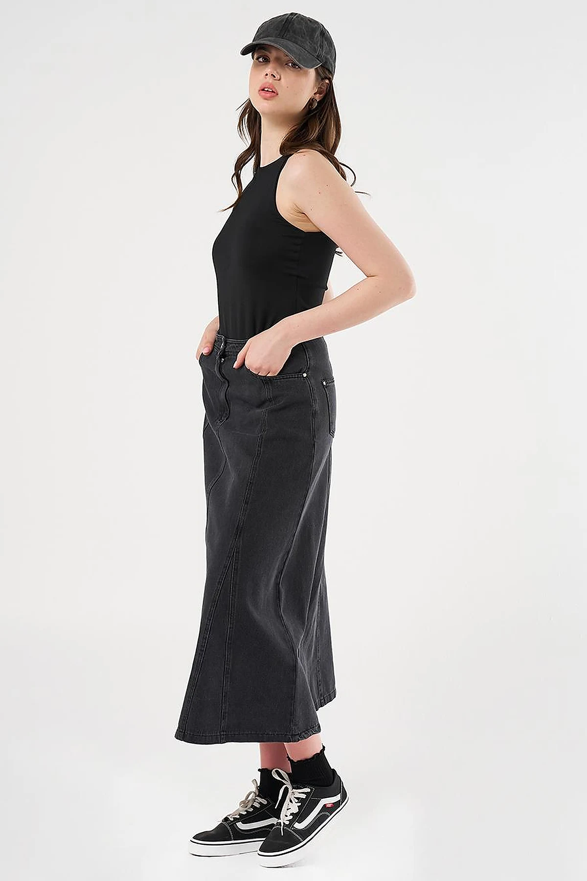 Patchwork Denim Skirt Grey