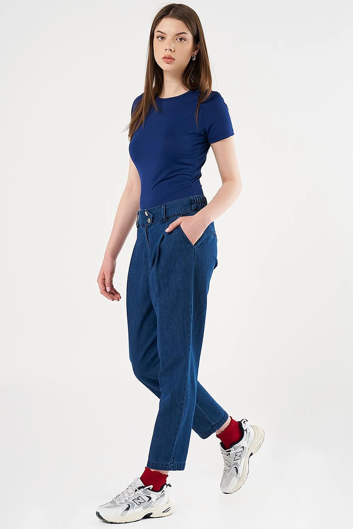 Pileli Havuç Kesim Denim Pantolon Lacivert 