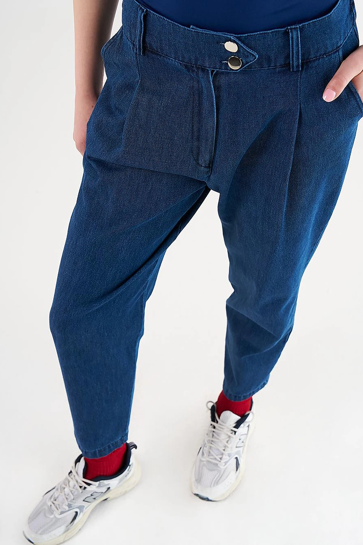 Pileli Havuç Kesim Denim Pantolon Lacivert 