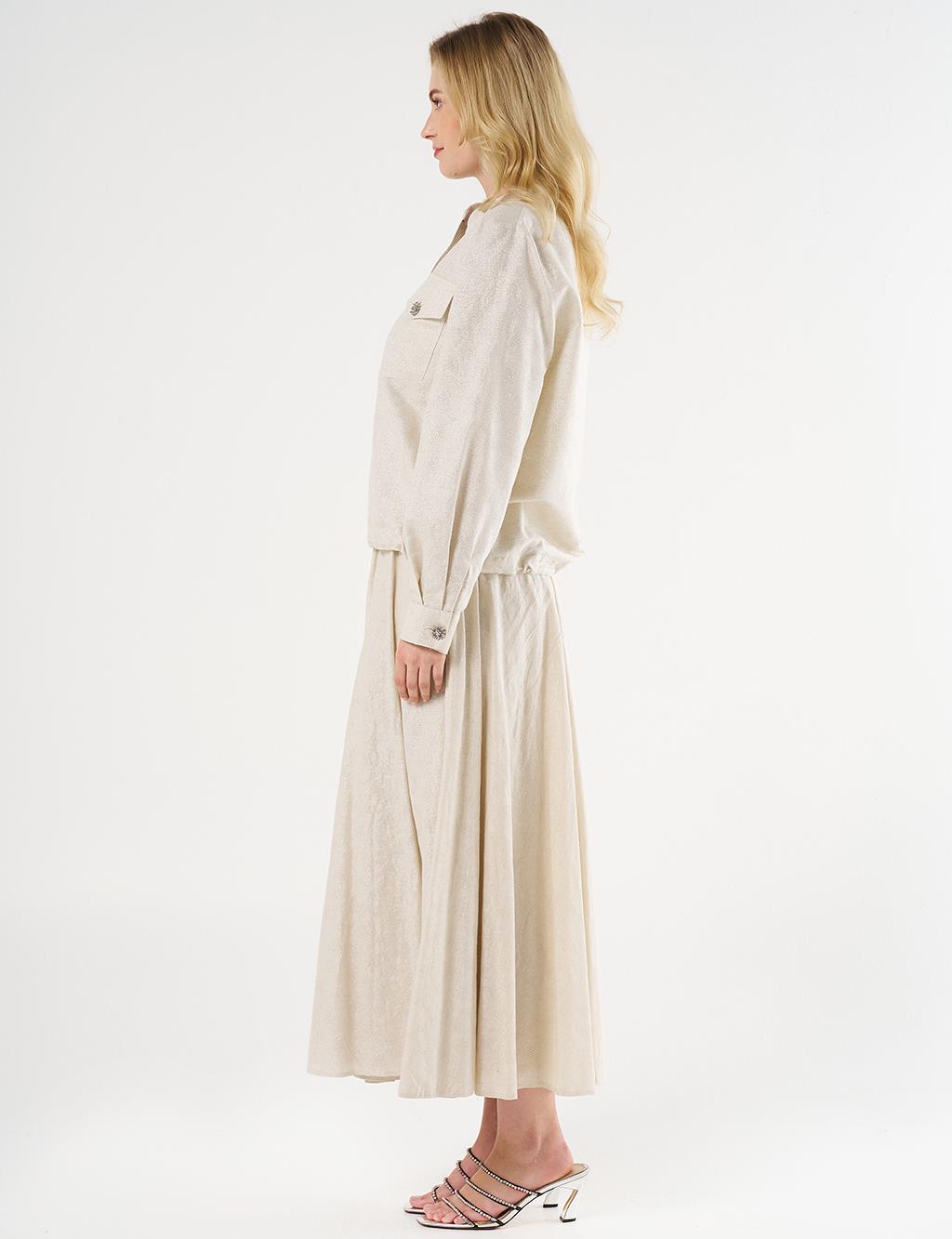 Jacquard Skirt Set with Shiny Stones in Cream