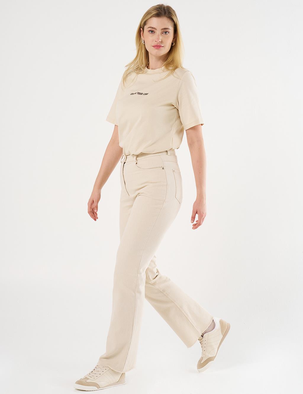 High-Waist Straight Denim Pants Cream