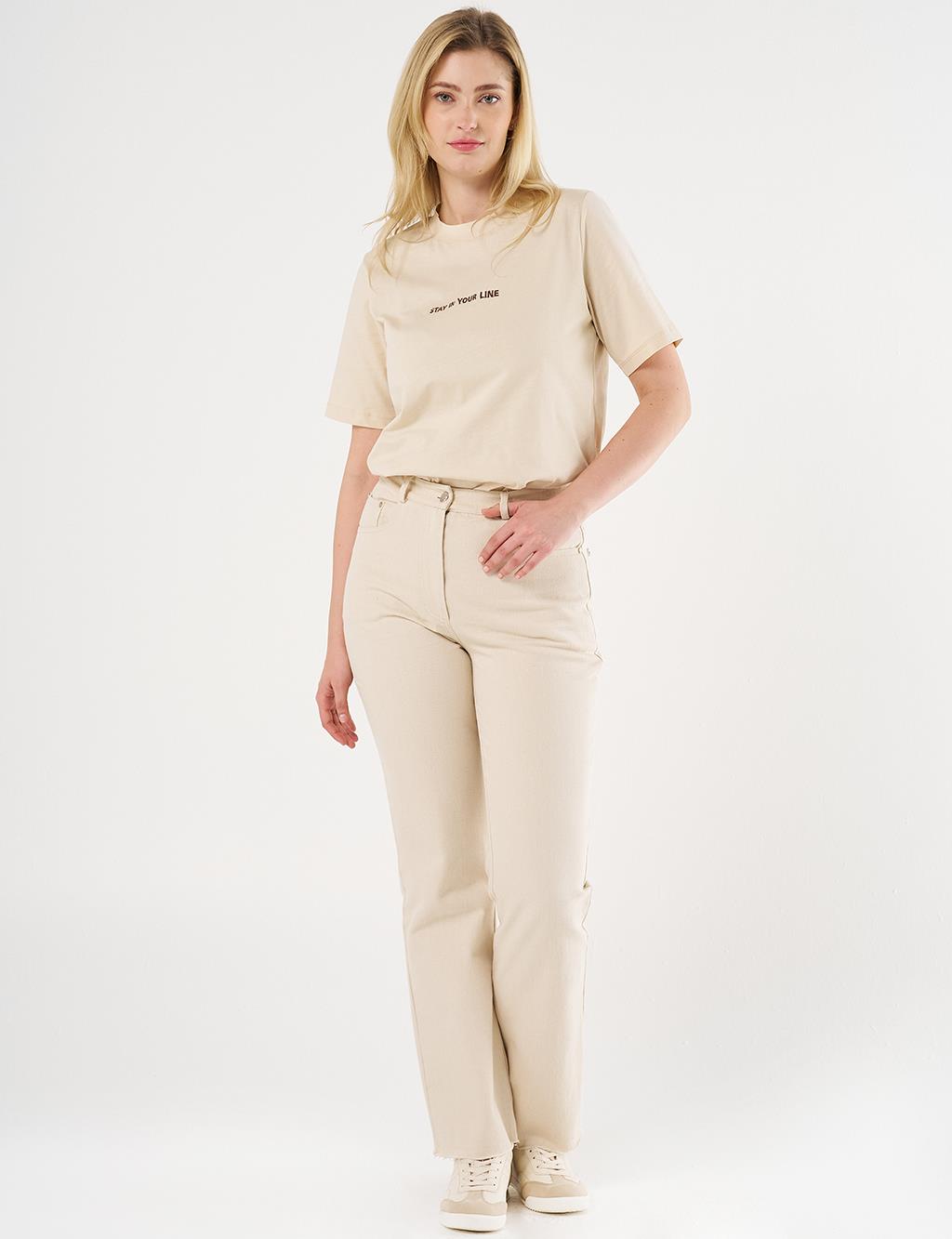 High-Waist Straight Denim Pants Cream