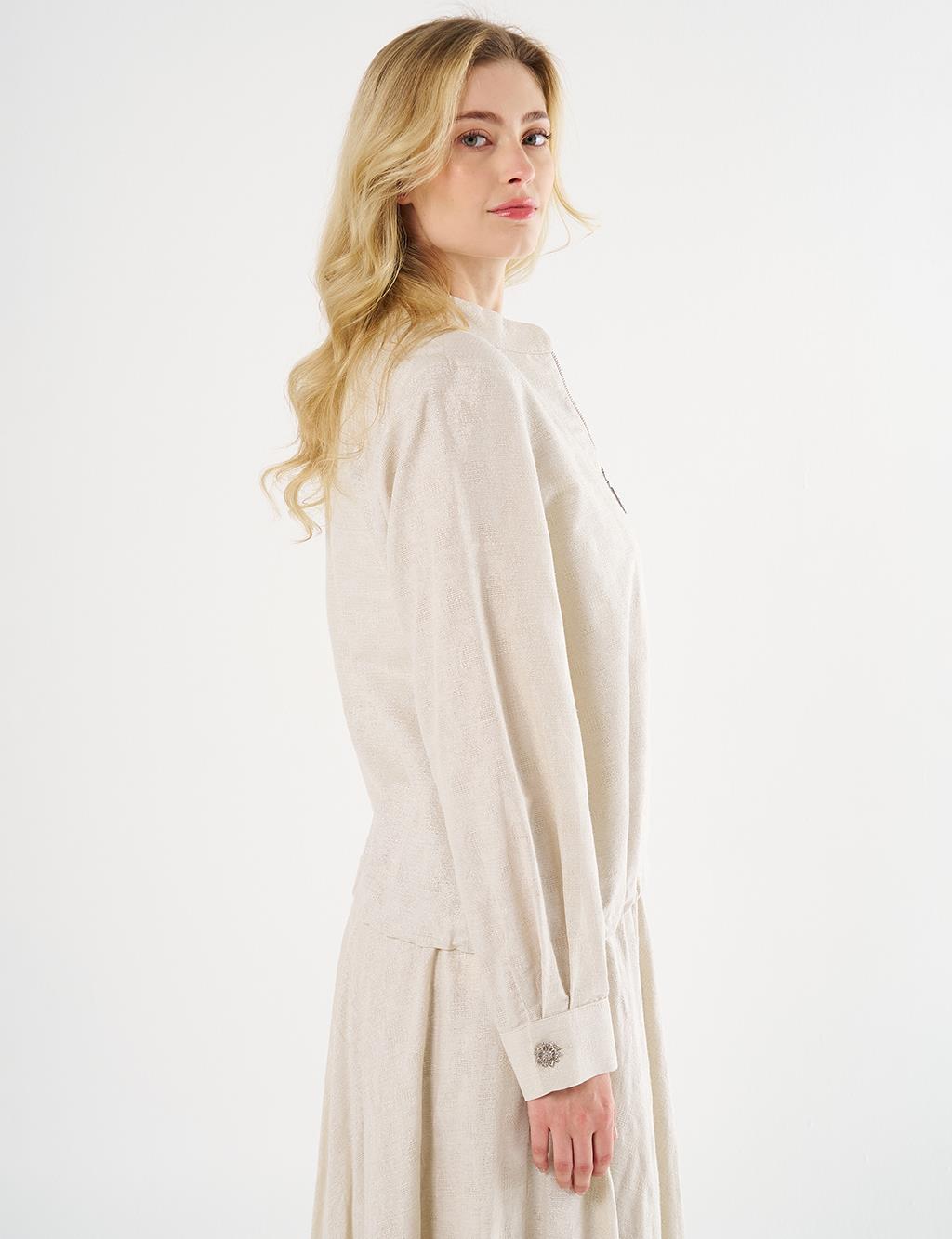 Jacquard Skirt Set with Shiny Stones in Cream