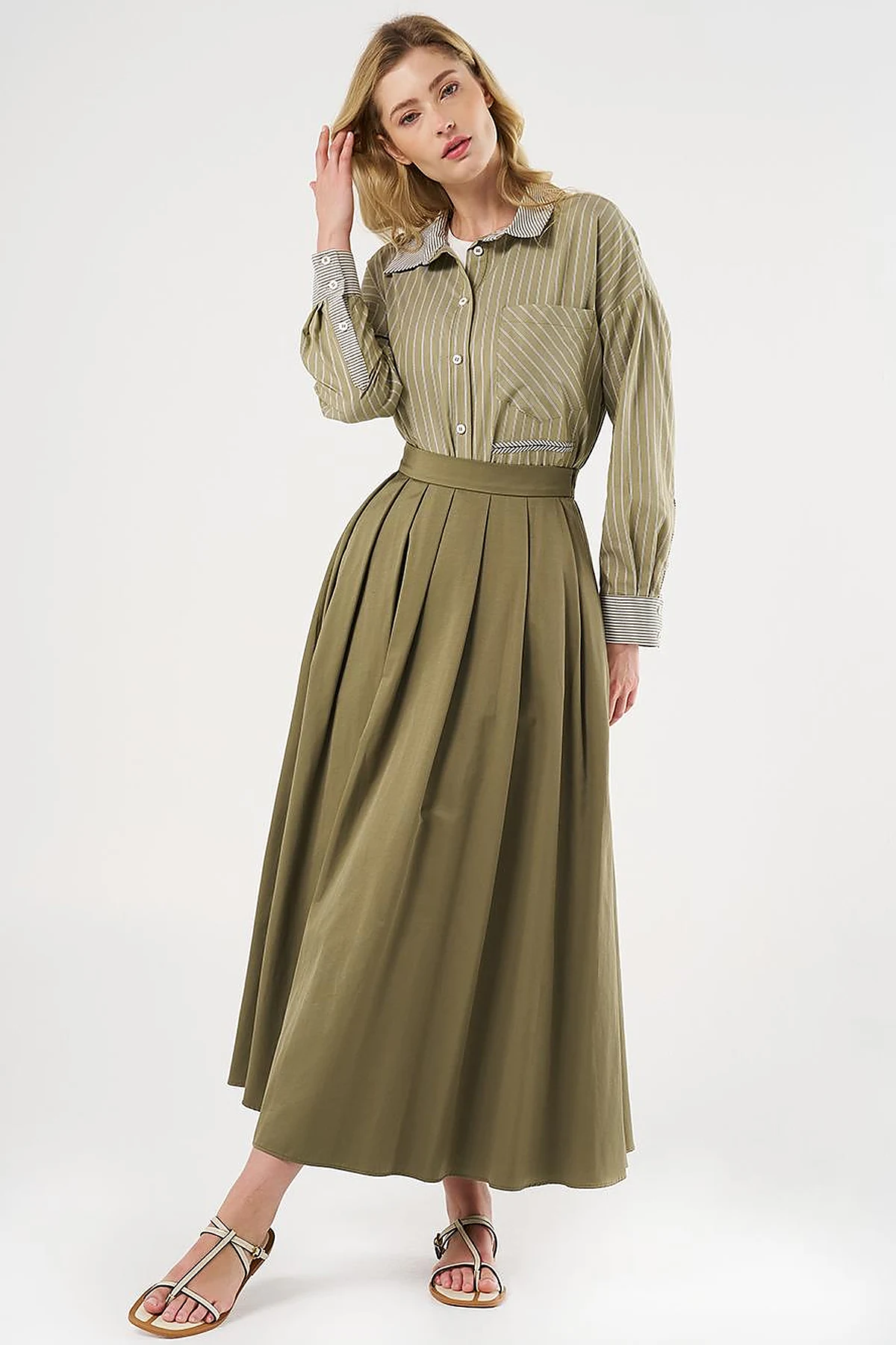 High-Waisted Pleated Skirt Olive Green