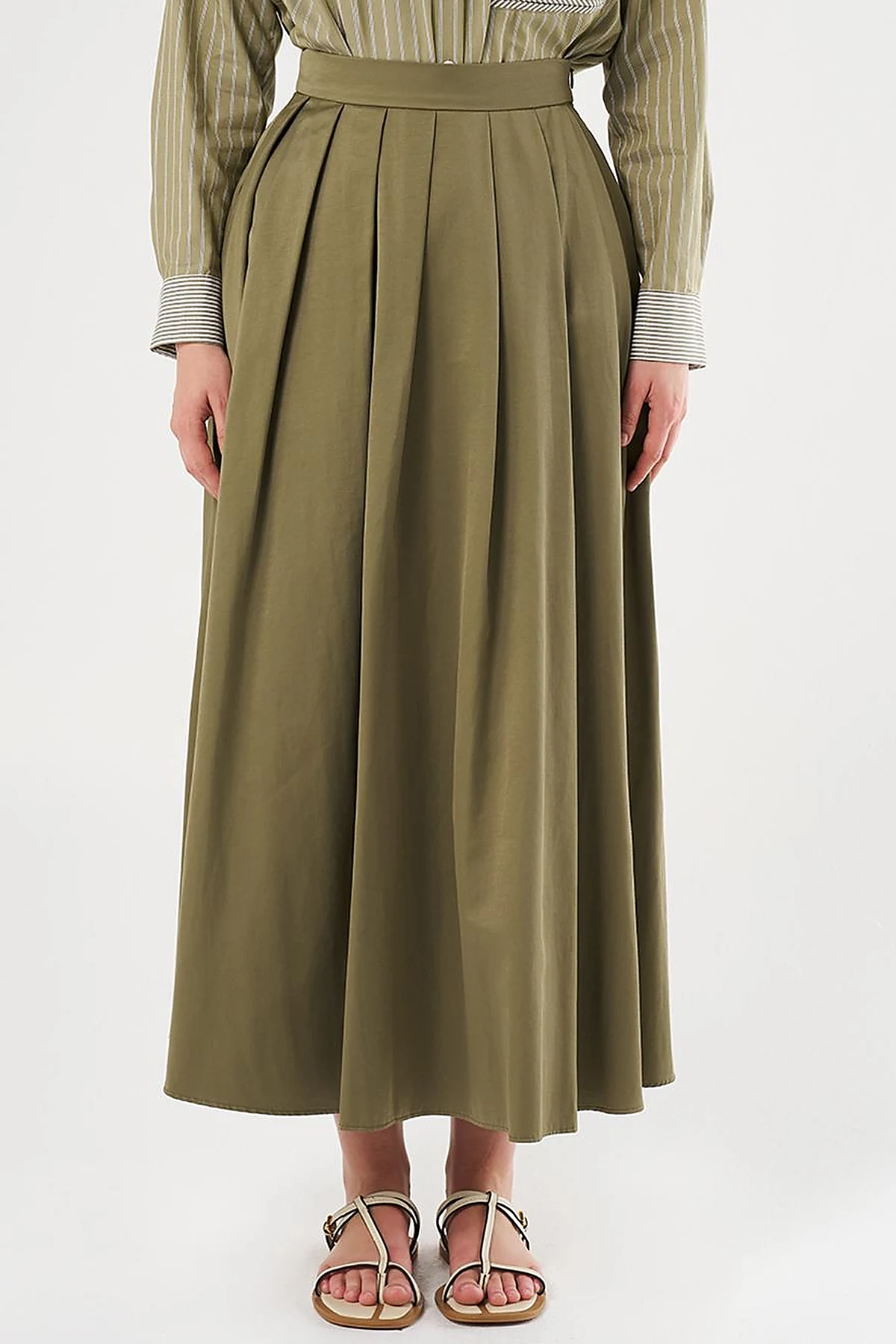 High-Waisted Pleated Skirt Olive Green