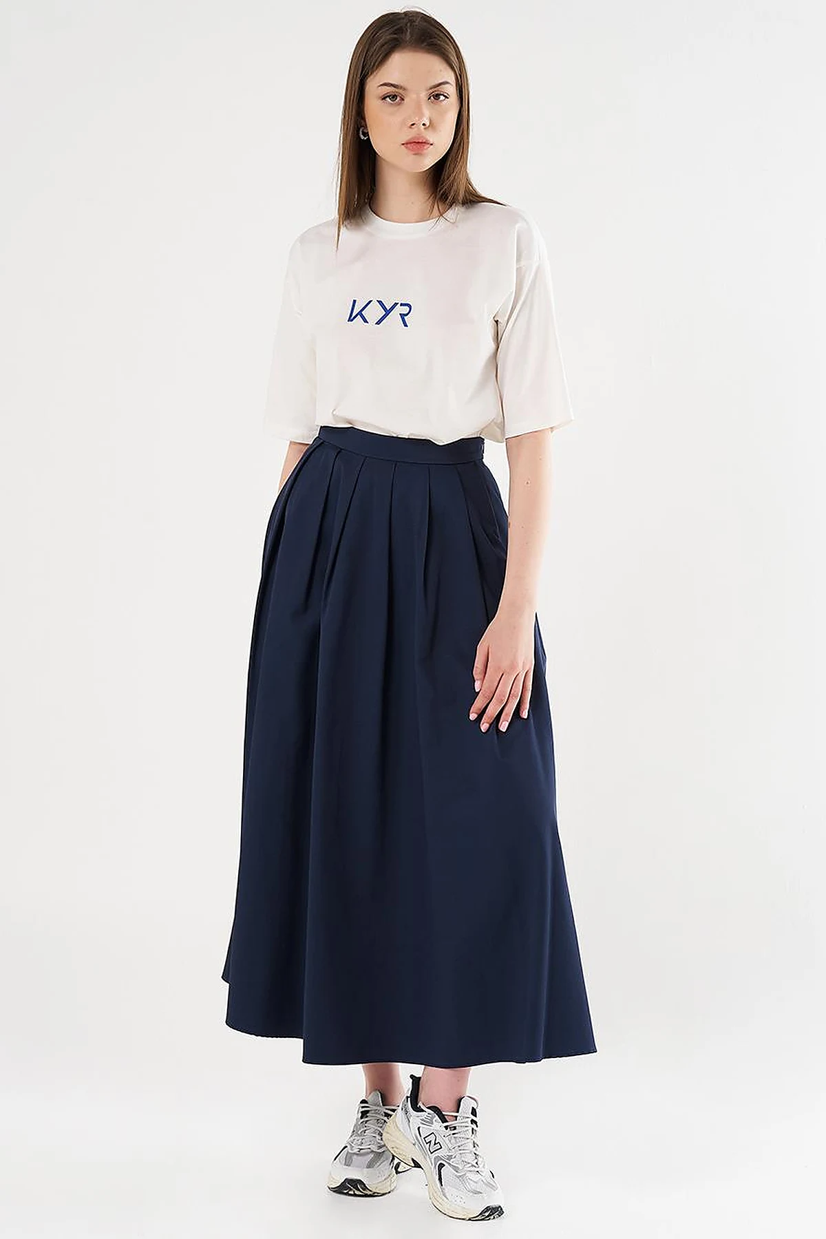  High-Waisted Pleated Skirt Dark Navy