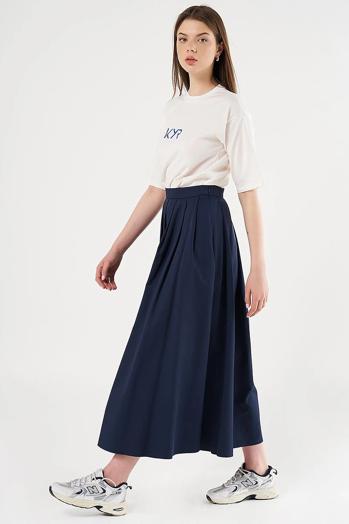  High-Waisted Pleated Skirt Dark Navy