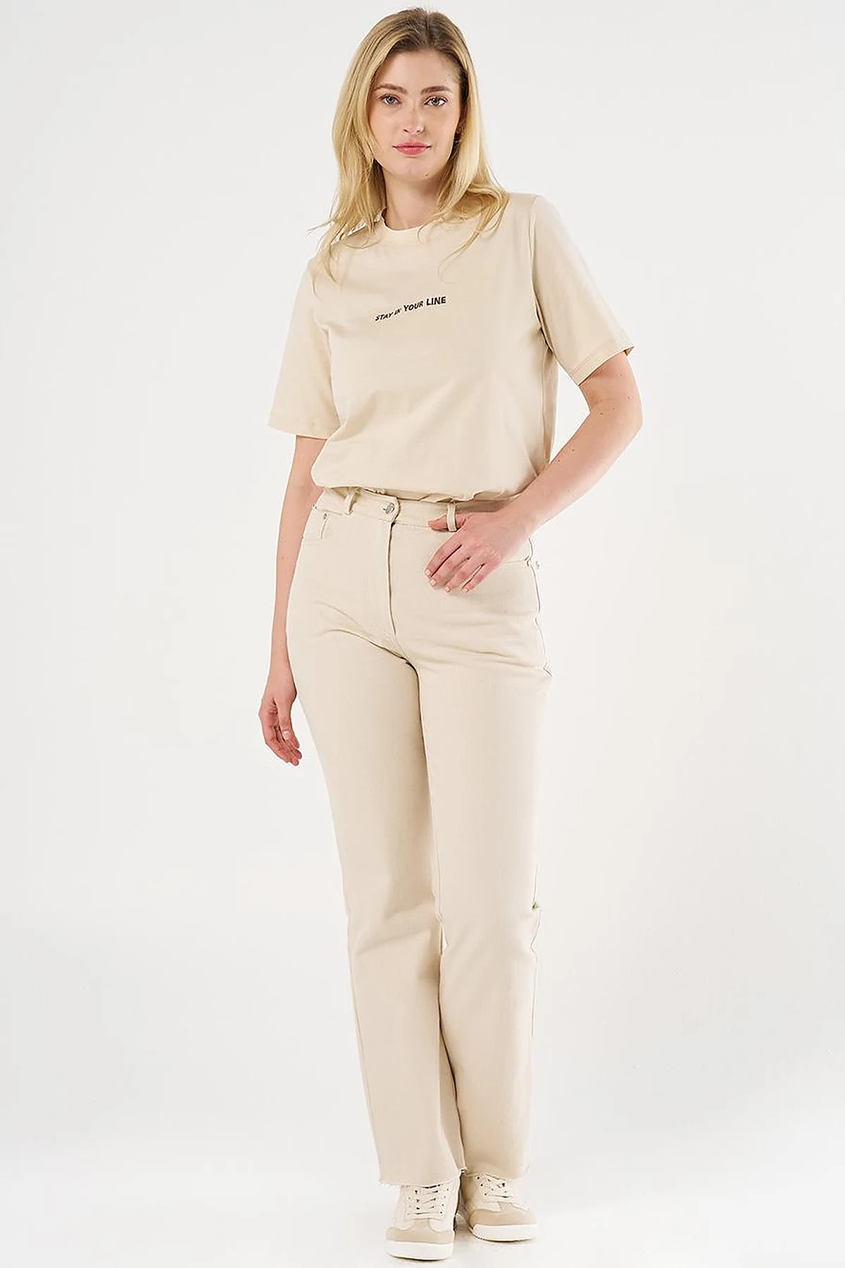 High-Waist Straight Denim Pants Cream
