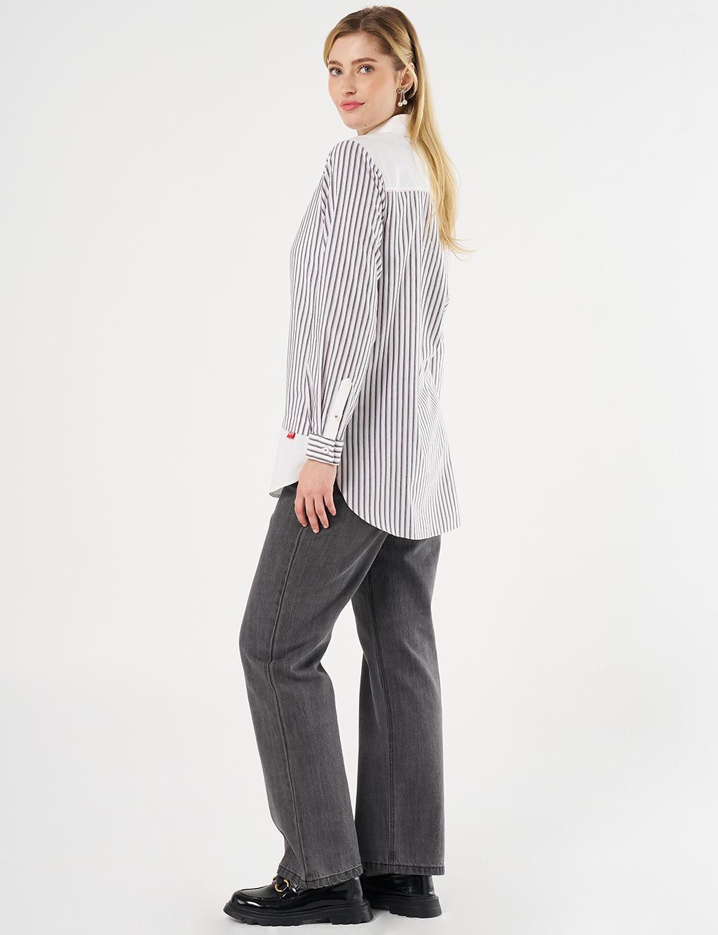 Striped Shirt-Detail Tunic Black