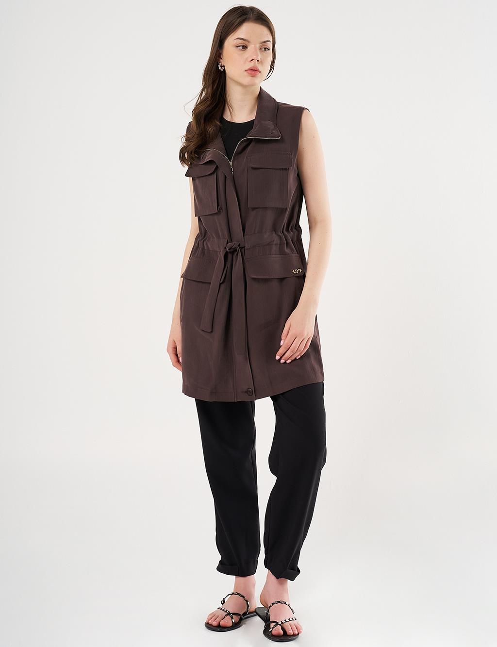Drawstring Waist Stand-up Collar Vest Dark Brown