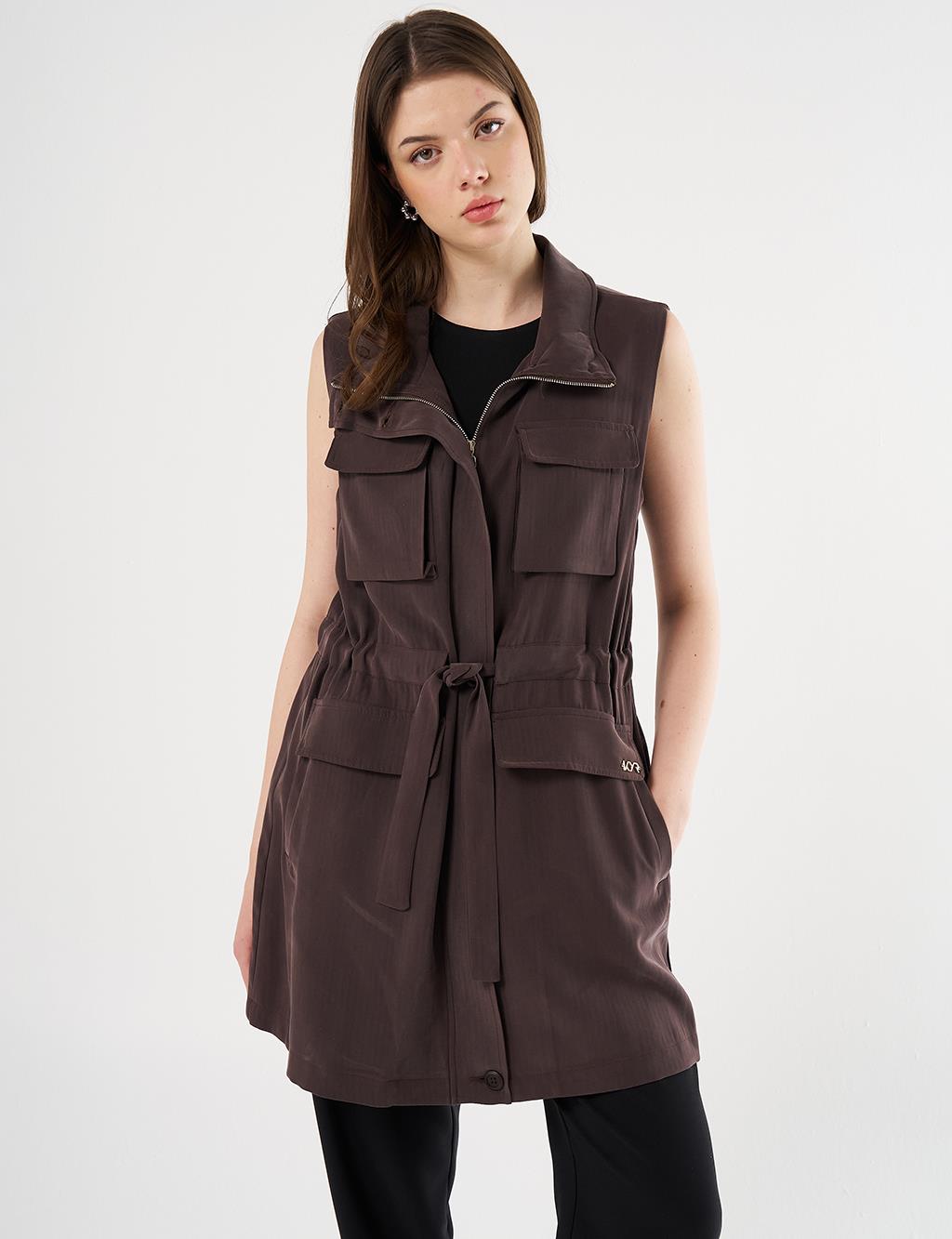 Drawstring Waist Stand-up Collar Vest Dark Brown