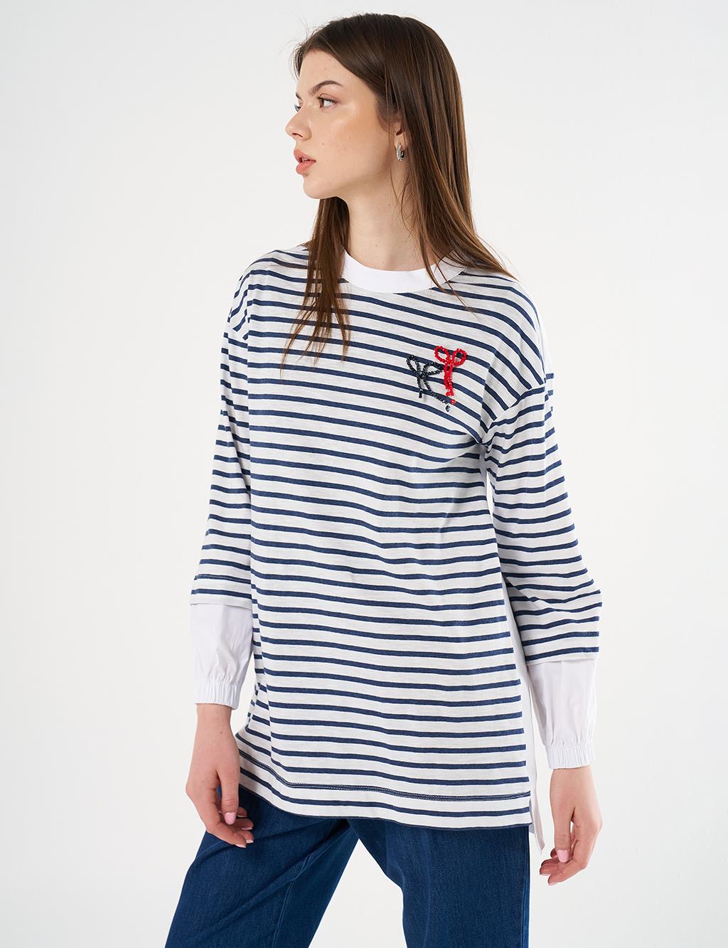Beaded Embroidered Knit Tunic Navy