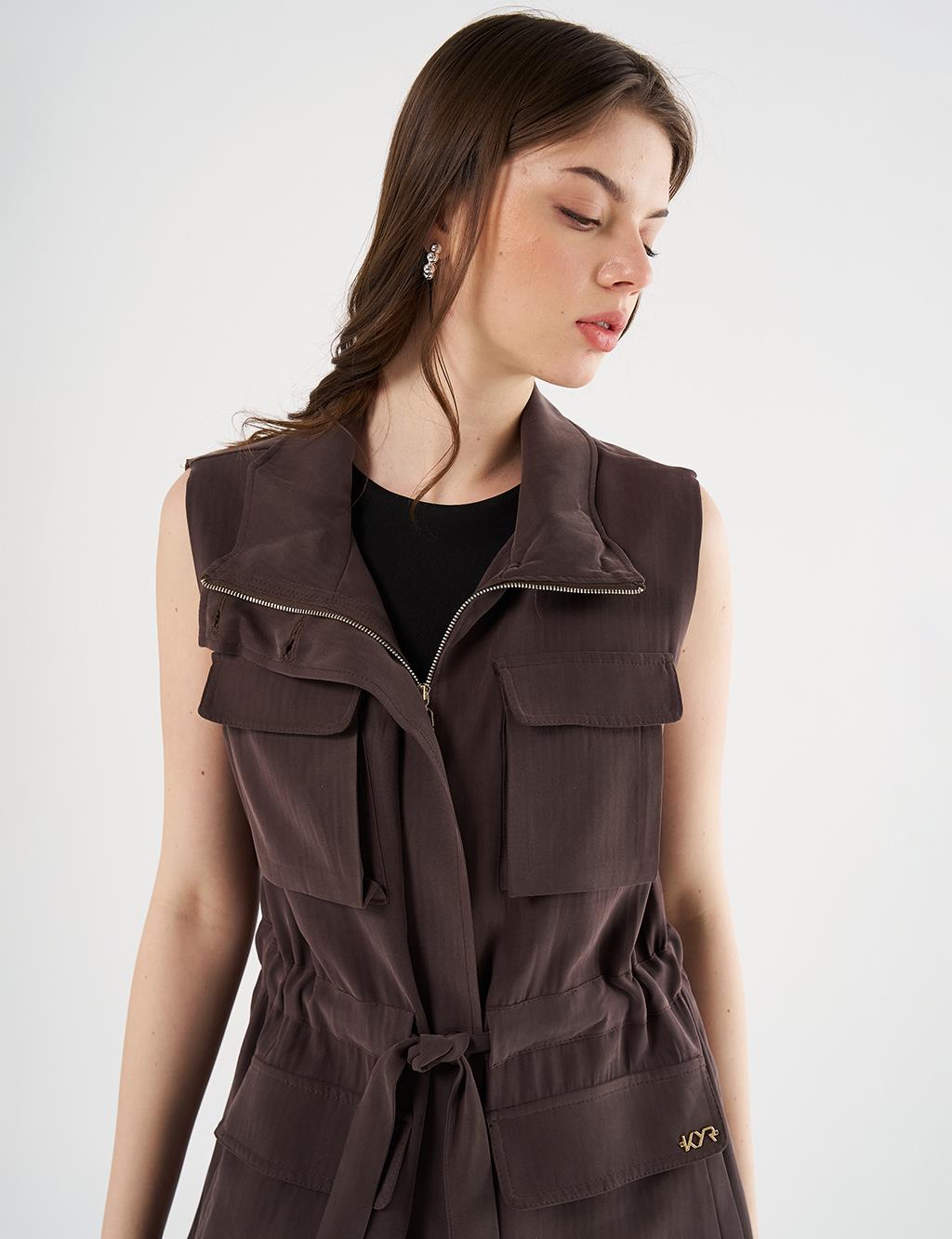 Drawstring Waist Stand-up Collar Vest Dark Brown