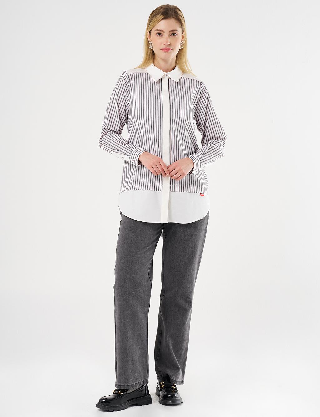 Striped Shirt-Detail Tunic Black