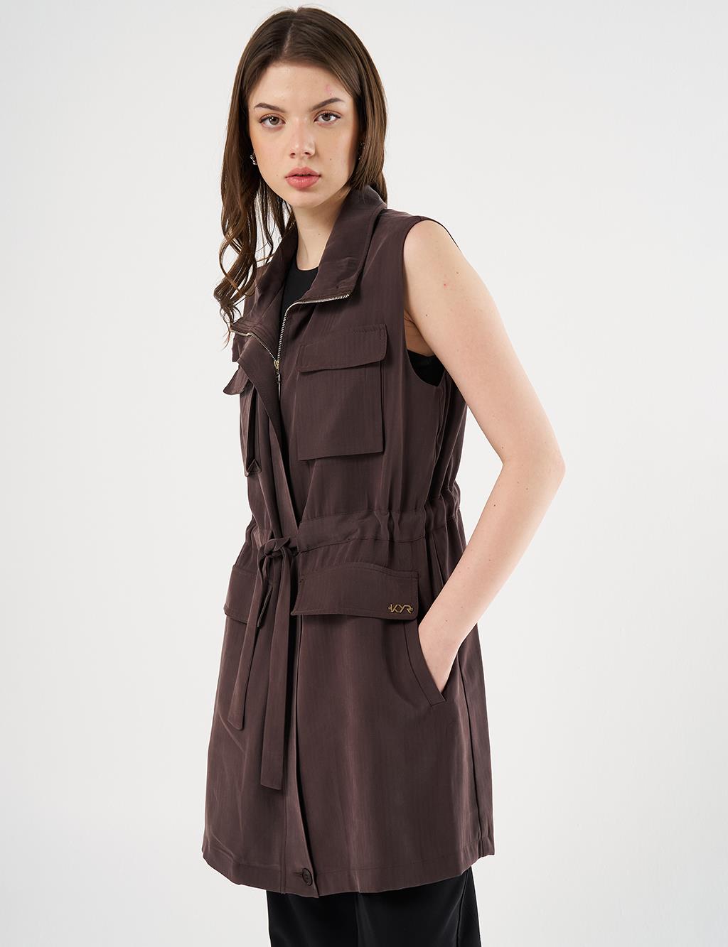 Drawstring Waist Stand-up Collar Vest Dark Brown