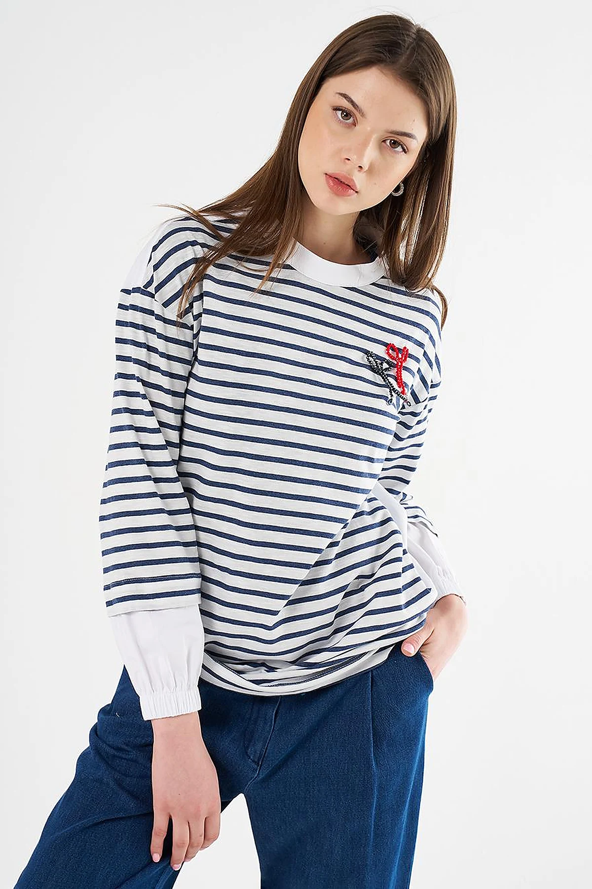 Beaded Embroidered Knit Tunic Navy