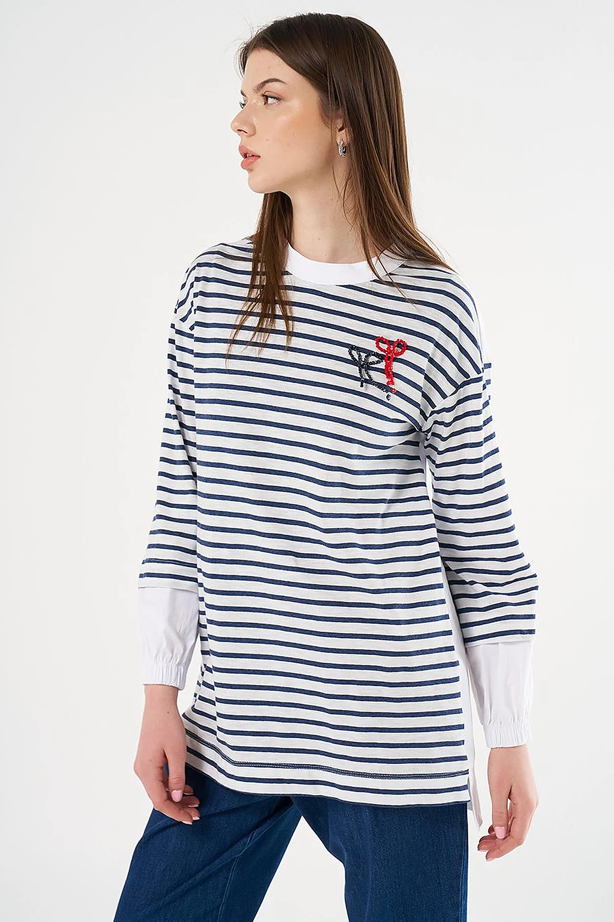 Beaded Embroidered Knit Tunic Navy