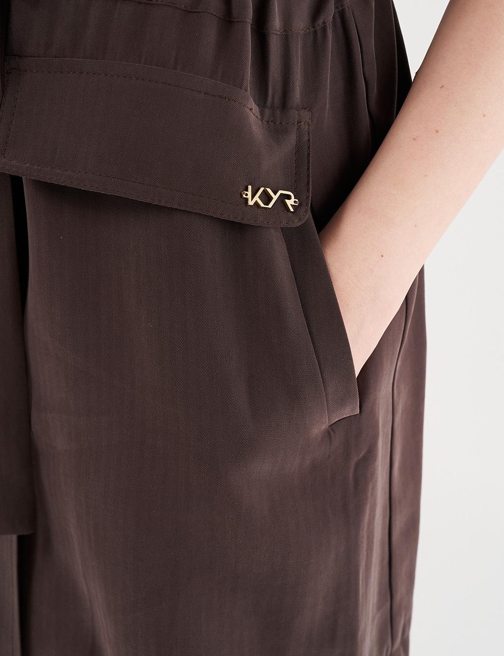 Drawstring Waist Stand-up Collar Vest Dark Brown