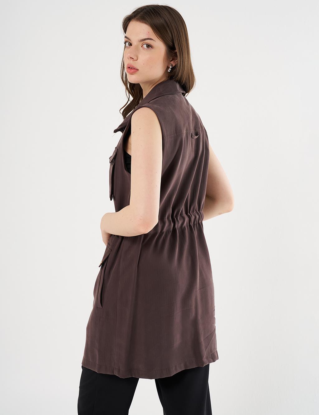 Drawstring Waist Stand-up Collar Vest Dark Brown