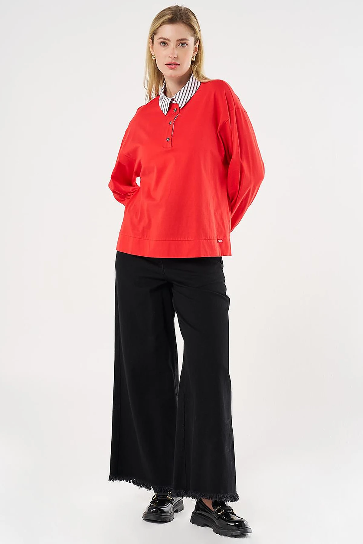 Fabric-Panel Cotton Blouse in Red