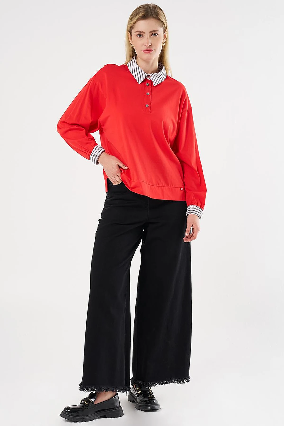 Fabric-Panel Cotton Blouse in Red