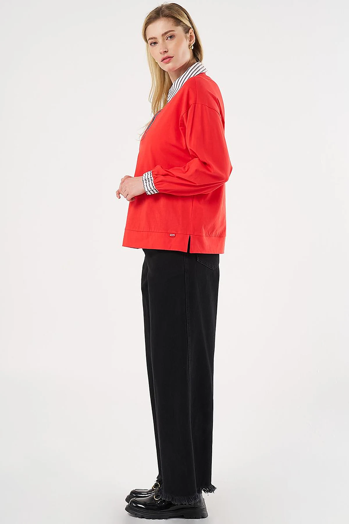 Fabric-Panel Cotton Blouse in Red