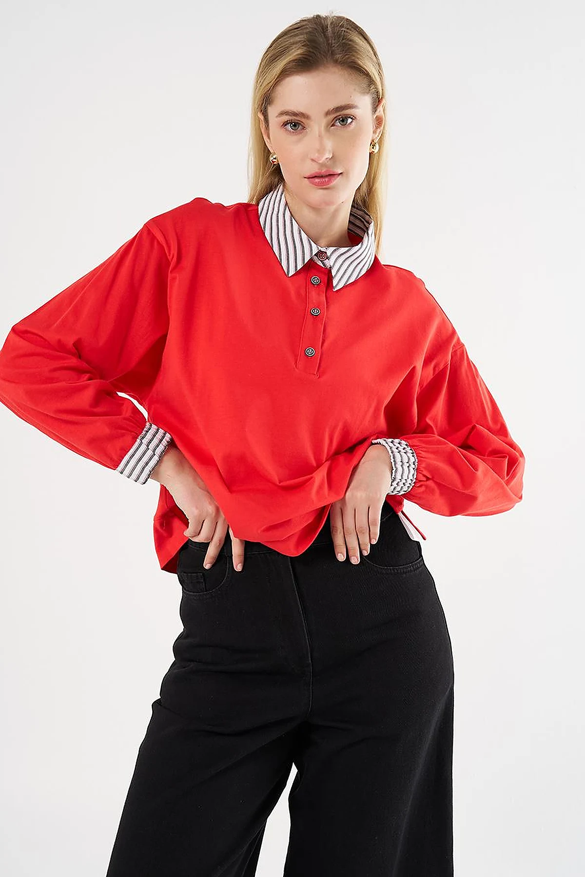 Fabric-Panel Cotton Blouse in Red