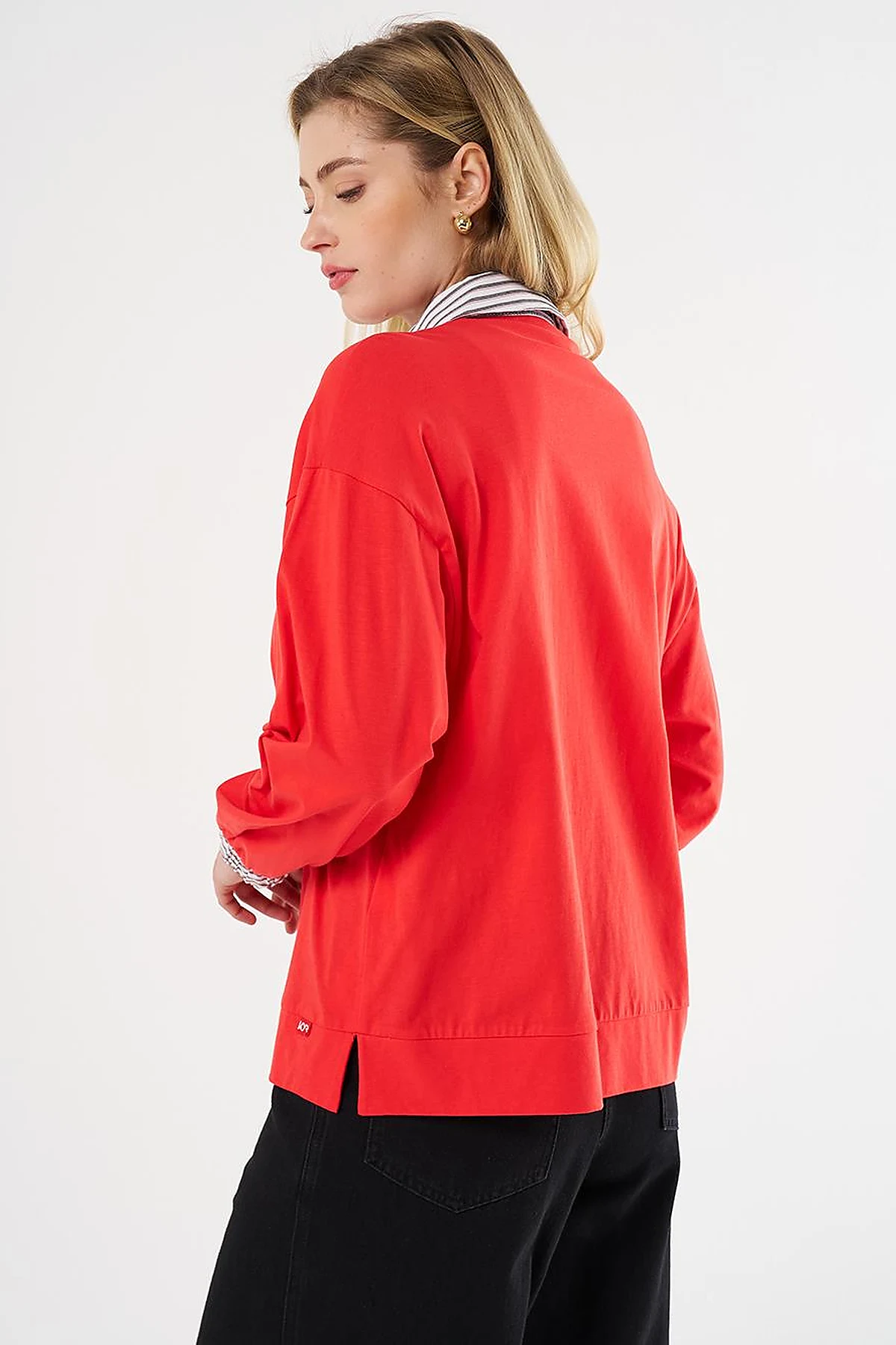 Fabric-Panel Cotton Blouse in Red