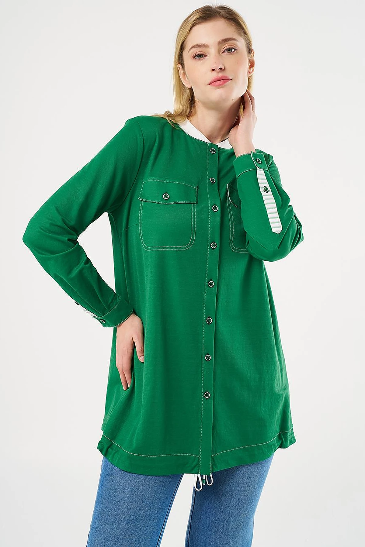 Point Stitch College Collar Tunic Green