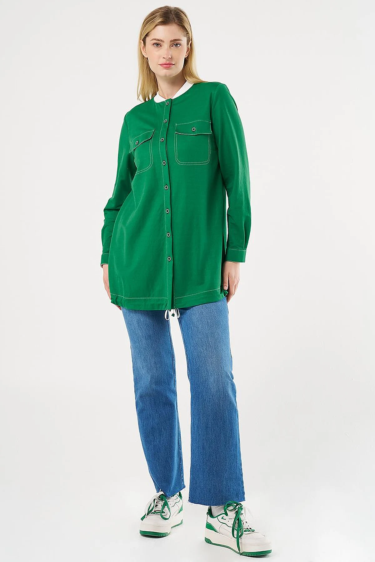 Point Stitch College Collar Tunic Green