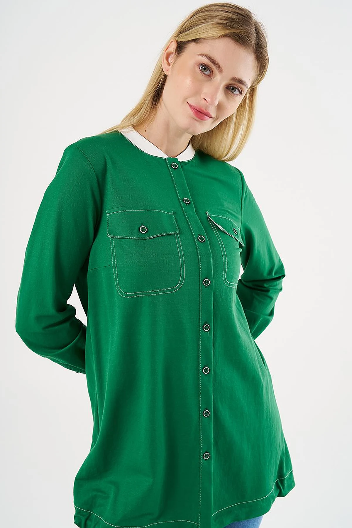 Point Stitch College Collar Tunic Green