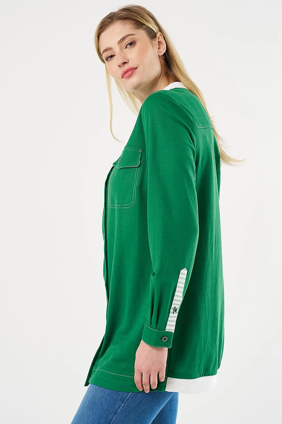 Point Stitch College Collar Tunic Green