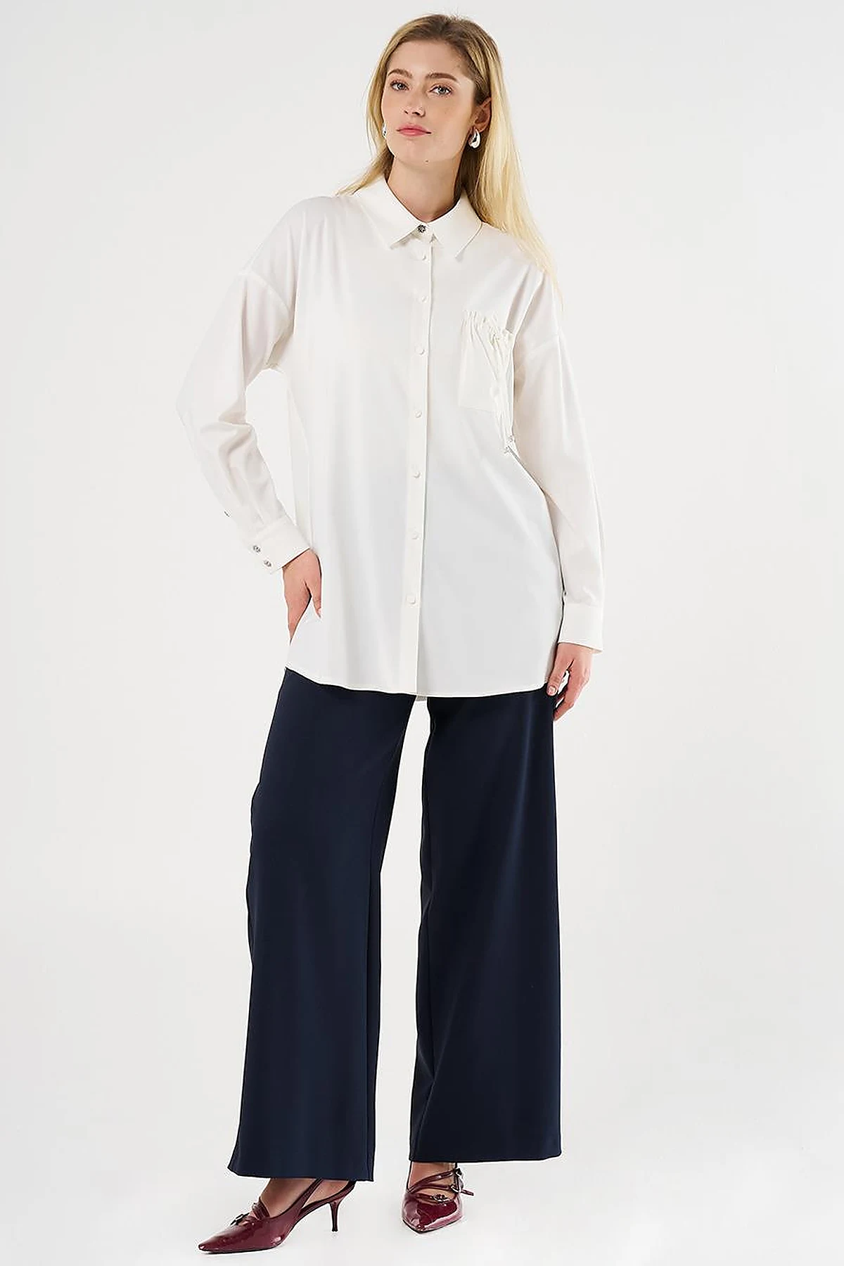 Lace-Up Back Shirt Collar Tunic, Ecru