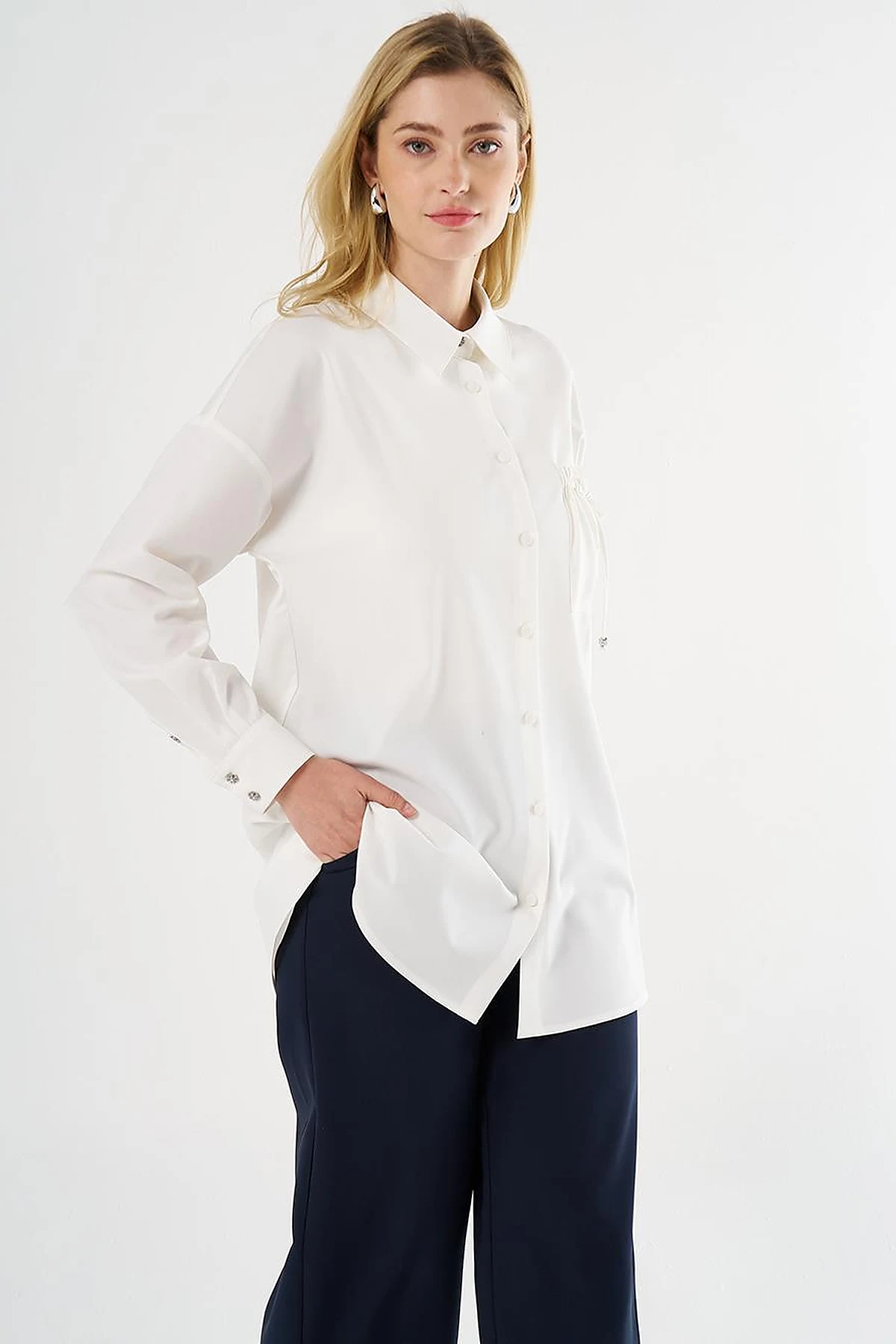 Lace-Up Back Shirt Collar Tunic, Ecru