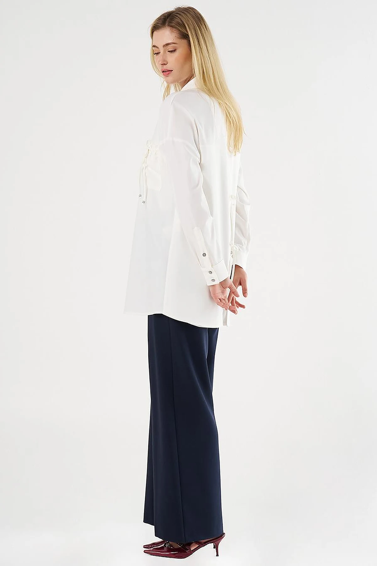 Lace-Up Back Shirt Collar Tunic, Ecru