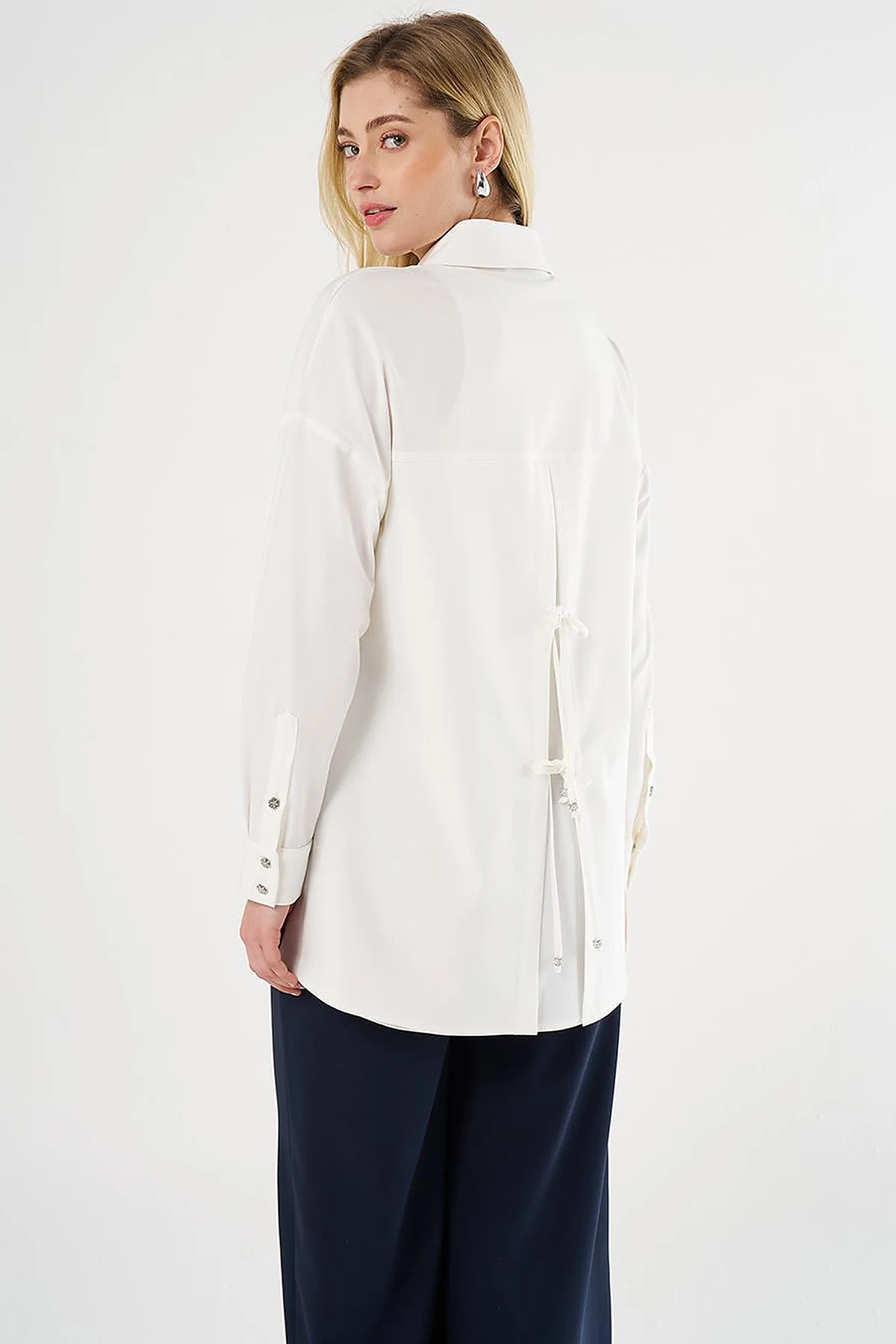 Lace-Up Back Shirt Collar Tunic, Ecru