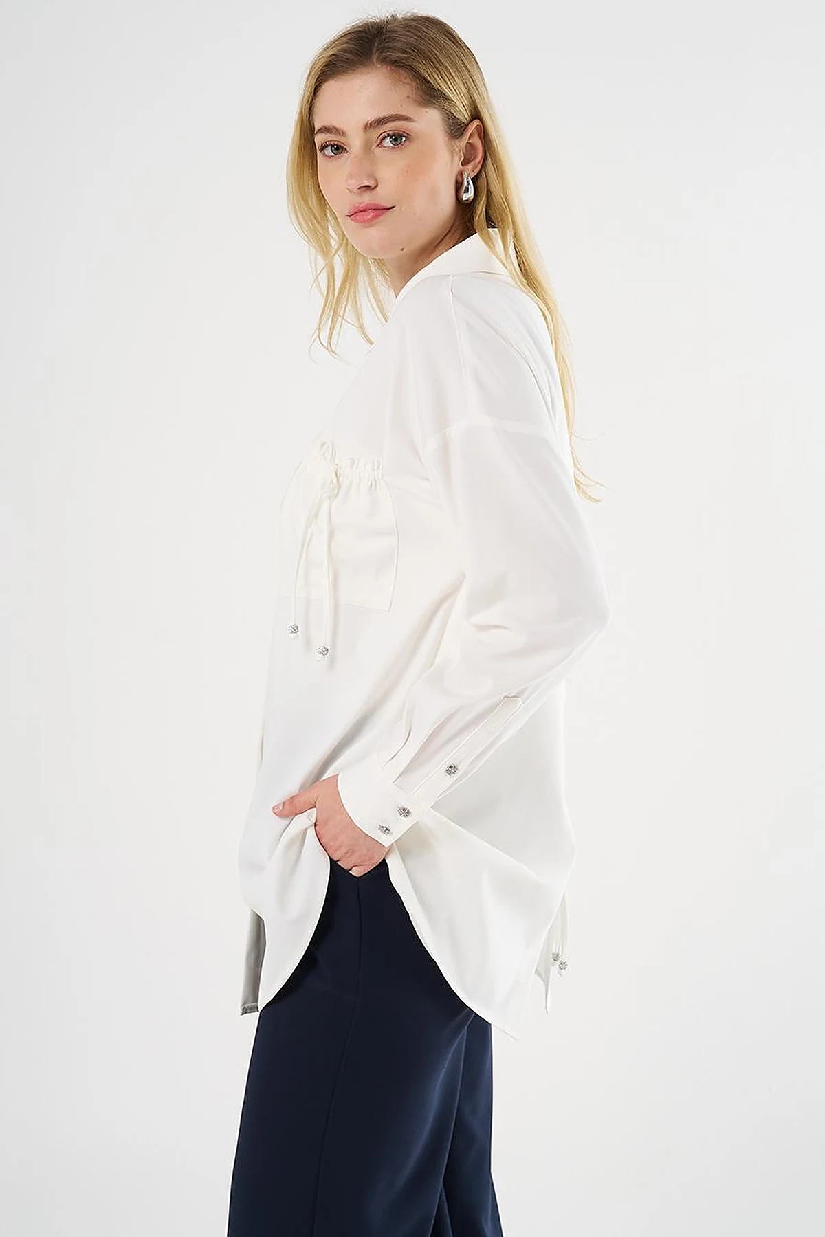 Lace-Up Back Shirt Collar Tunic, Ecru