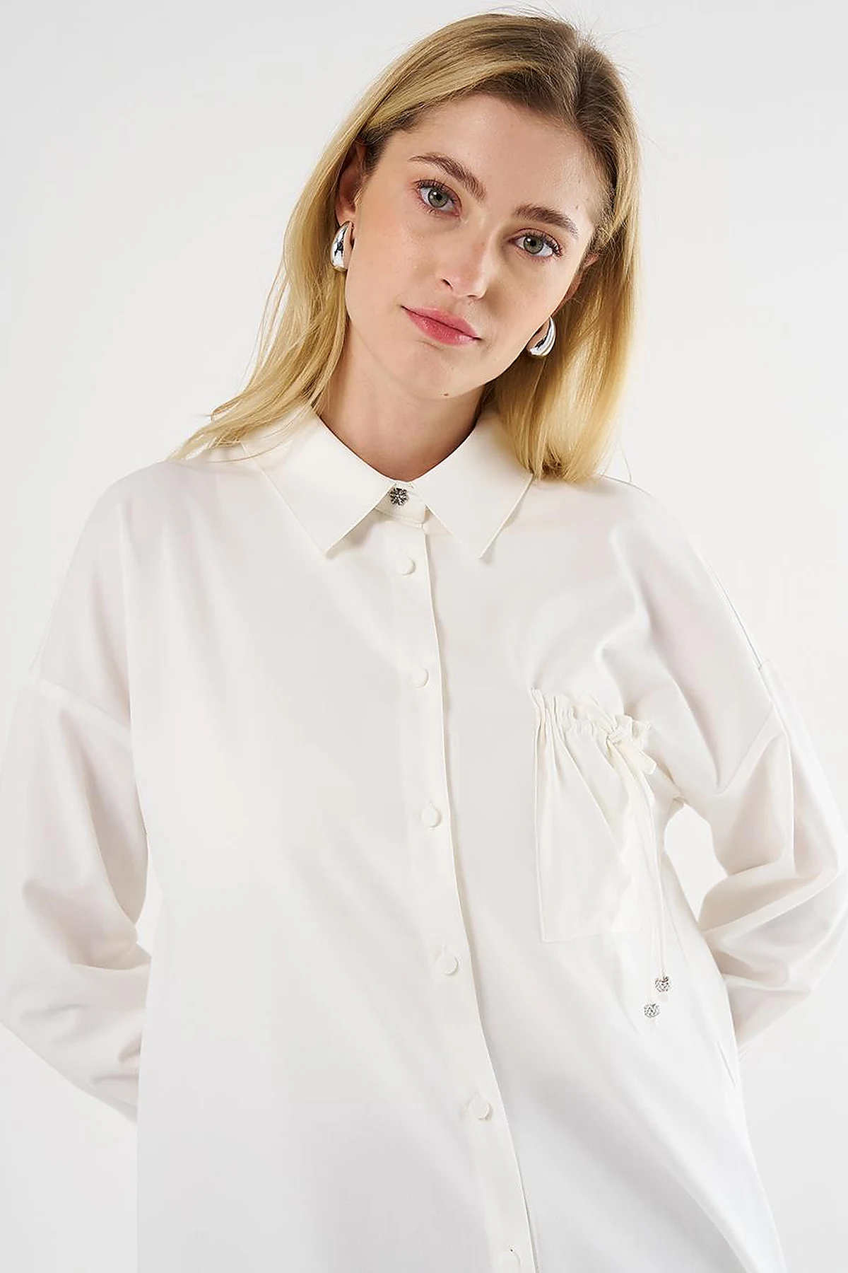 Lace-Up Back Shirt Collar Tunic, Ecru