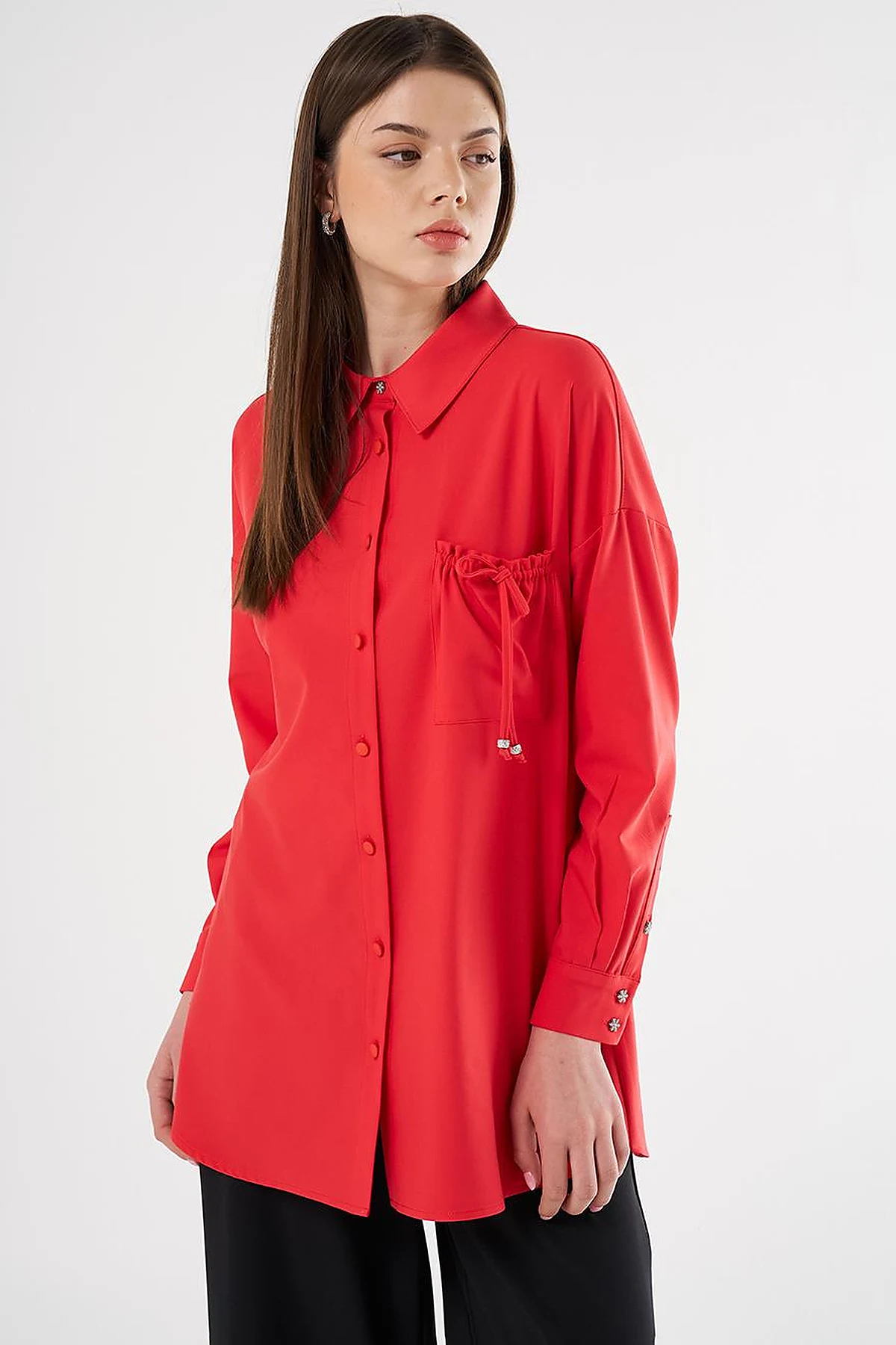 Lace-Up Back Shirt Collar Tunic, Red