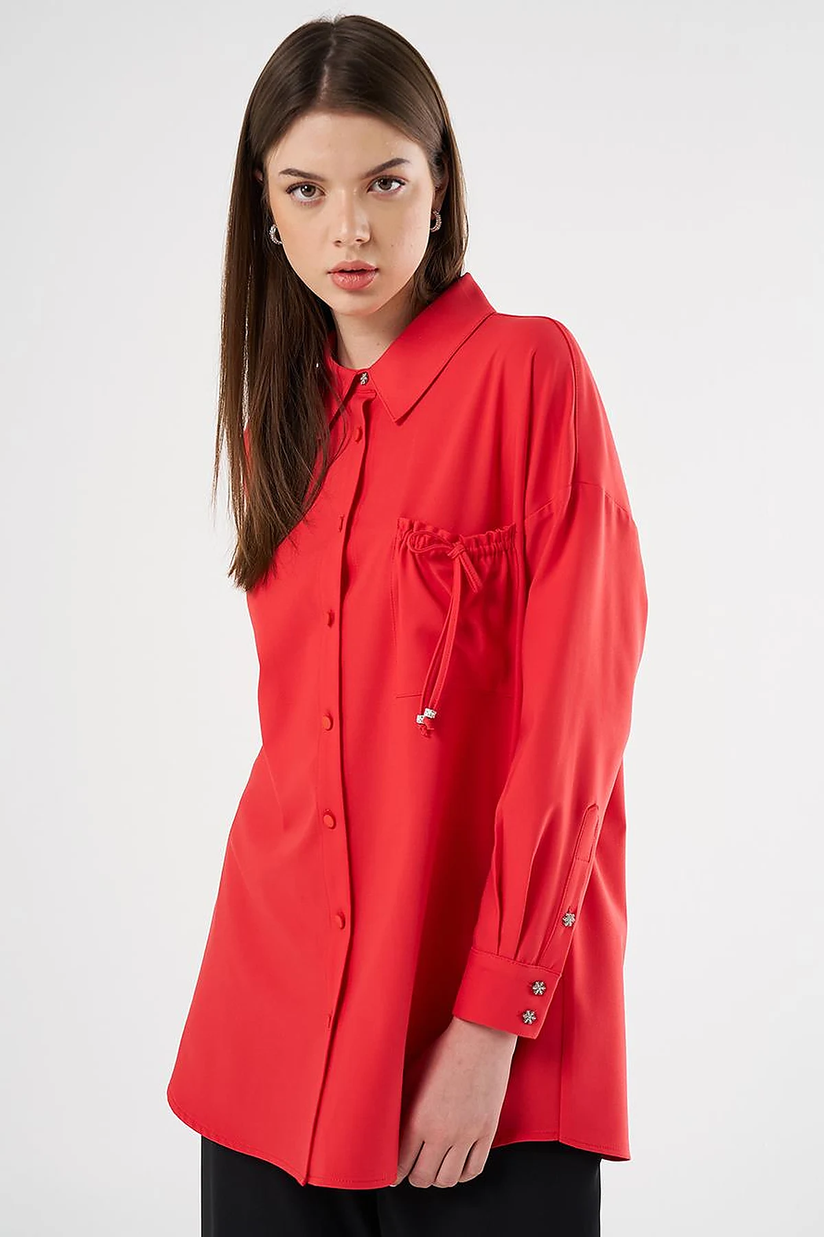 Lace-Up Back Shirt Collar Tunic, Red