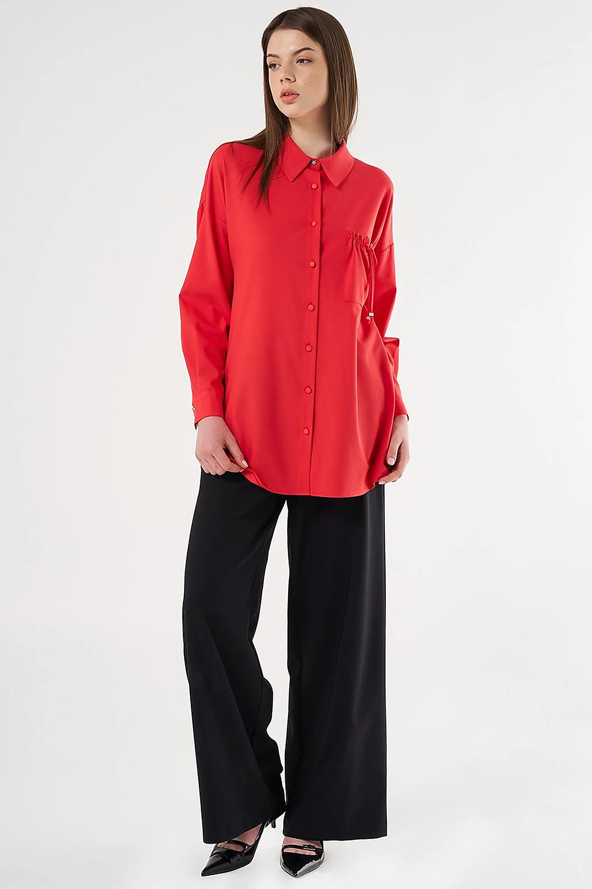 Lace-Up Back Shirt Collar Tunic, Red