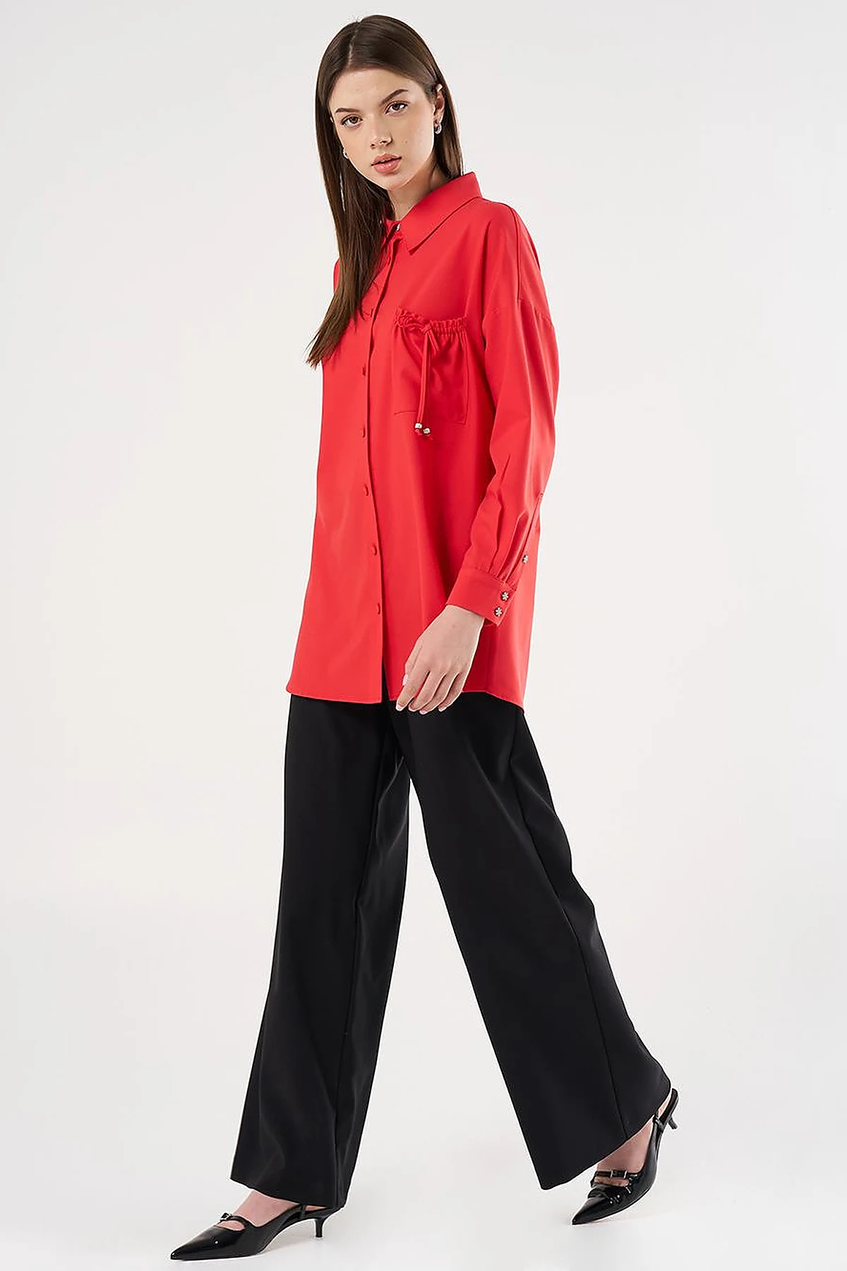 Lace-Up Back Shirt Collar Tunic, Red