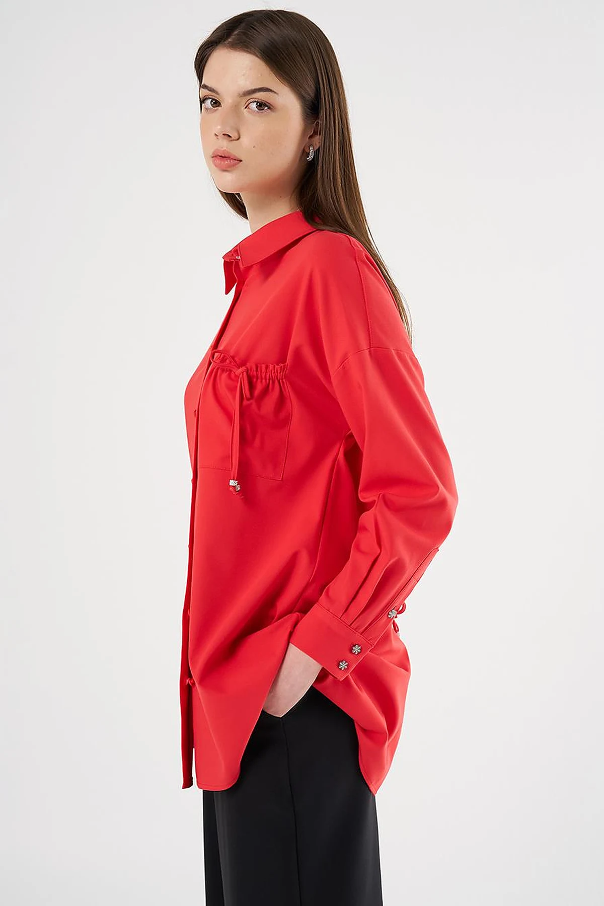 Lace-Up Back Shirt Collar Tunic, Red