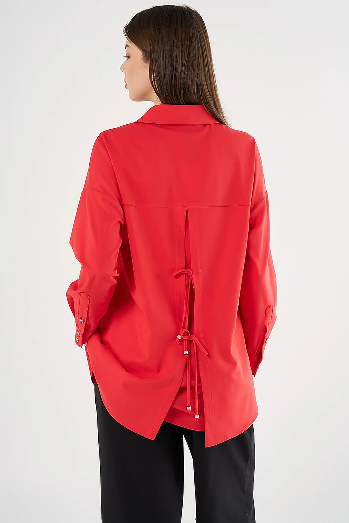 Lace-Up Back Shirt Collar Tunic, Red