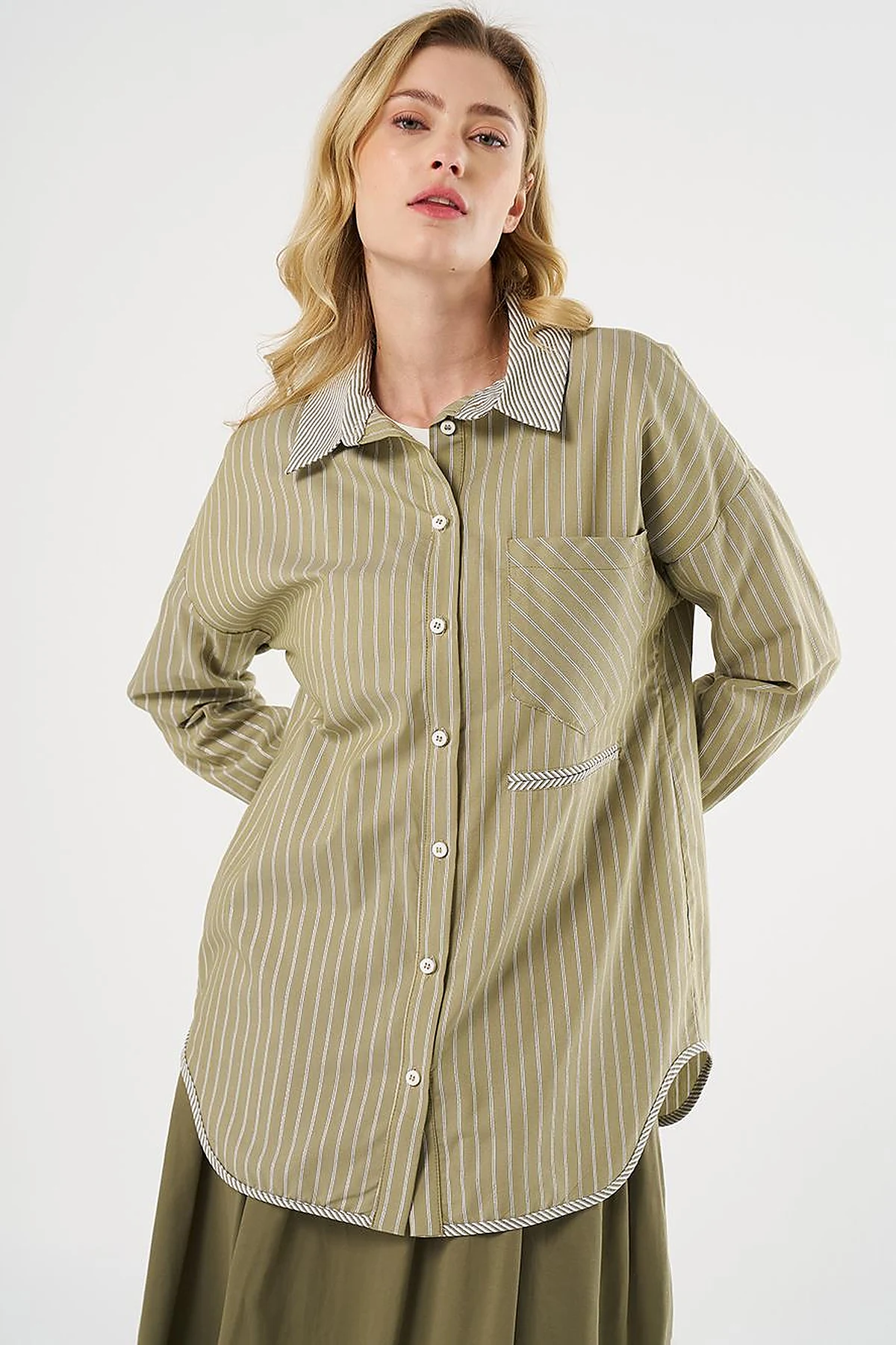 Shirt Collar Tunic with Pattern Details, Khaki